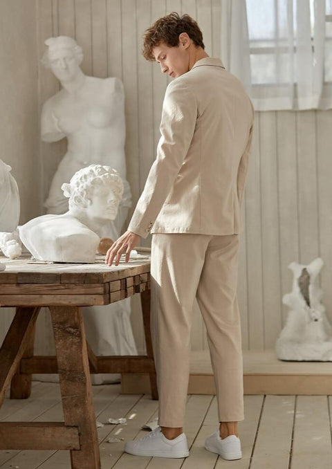 Solid Notched collar solid blazer/suit in Beige