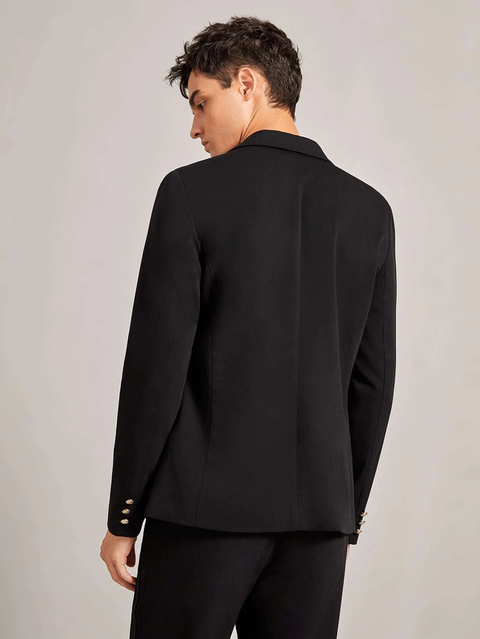 Black Notch Lapel Casual Blazer with Gold Button