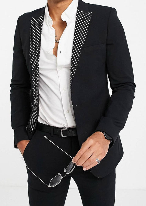 Notch Lapel Slim Black Suit With Polka Dots
