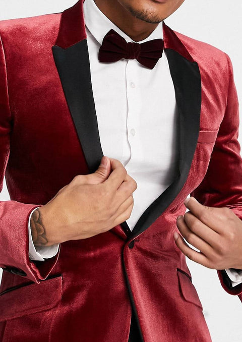 Velvet Tuxedo Blazer in Burgundy