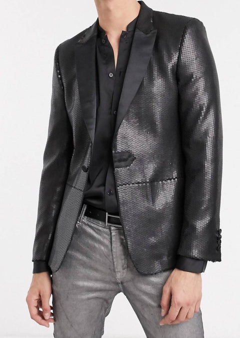 Black Sequin Tuxedo Blazer with Black Lapel