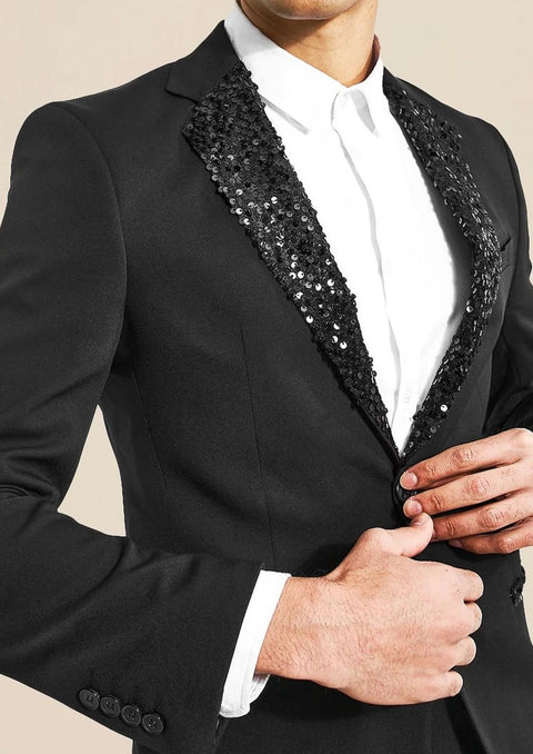 Notch Lapel Black Slim fit Suit with Sequin