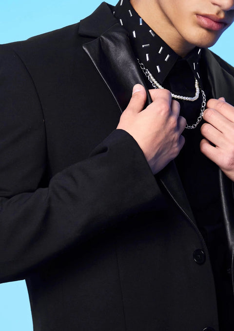 Black Leather Contrast Lapel Slim Fit Suit Jacket
