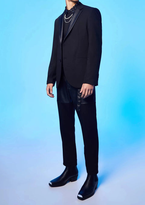 Black Leather Contrast Lapel Slim Fit Suit Jacket
