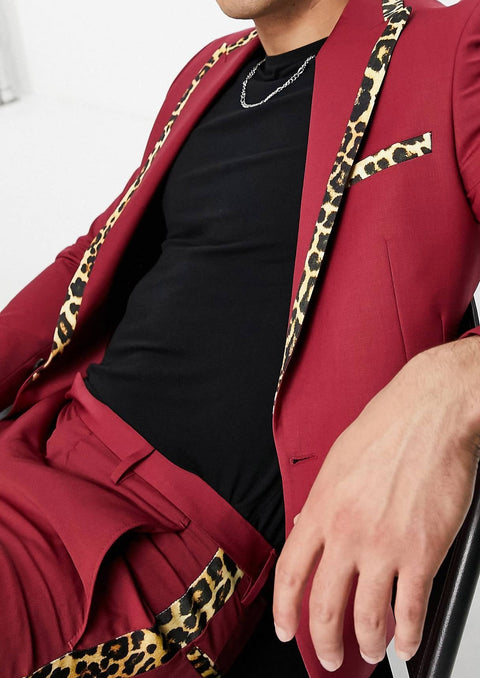 Red Tuxedo With Leopard Print Notch Lapel