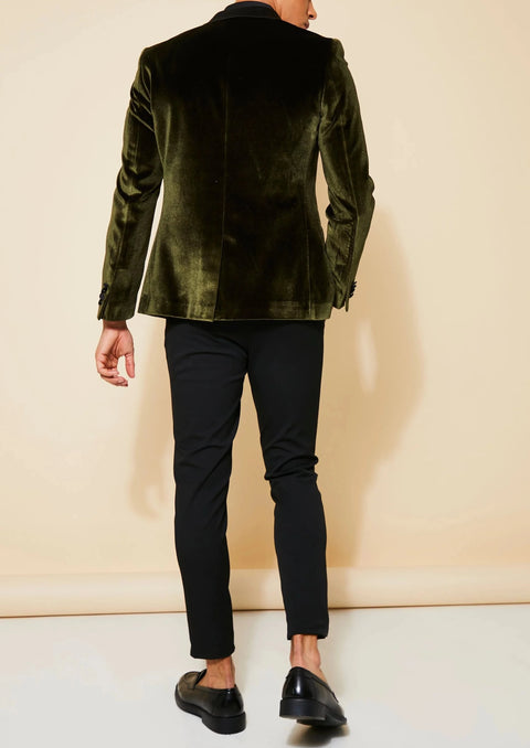 Peak Lapel Slim Fit Olive Green Velvet Tuxedo Blazer