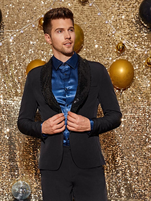 Sequin Shawl Collar Suit in Black