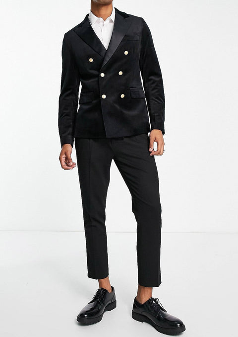 Black Velvet Double Breasted Blazer with Gold Buttons Tumuh