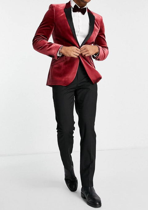 Velvet Tuxedo Blazer in Burgundy