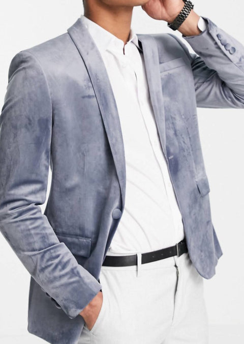 Grey velvet blazer with shawl collar