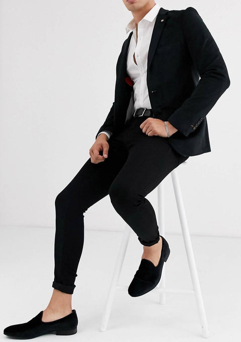 Black Suede Velvet Skinny Suit Jacket Blazer