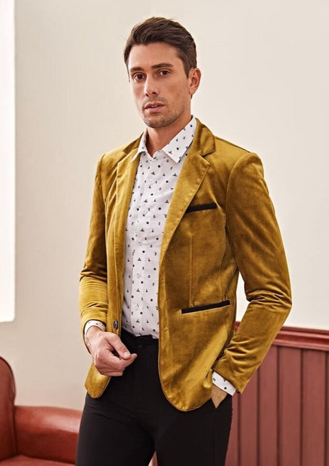 Notched Collar Velvet Blazer in Gold