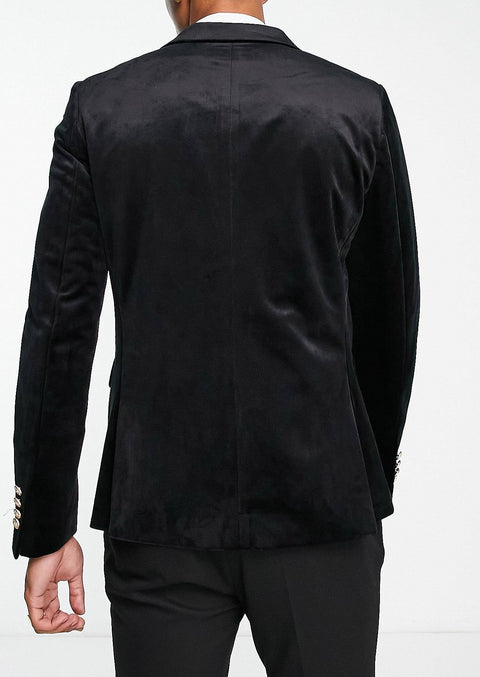 Black Velvet Double Breasted Blazer with Gold Buttons