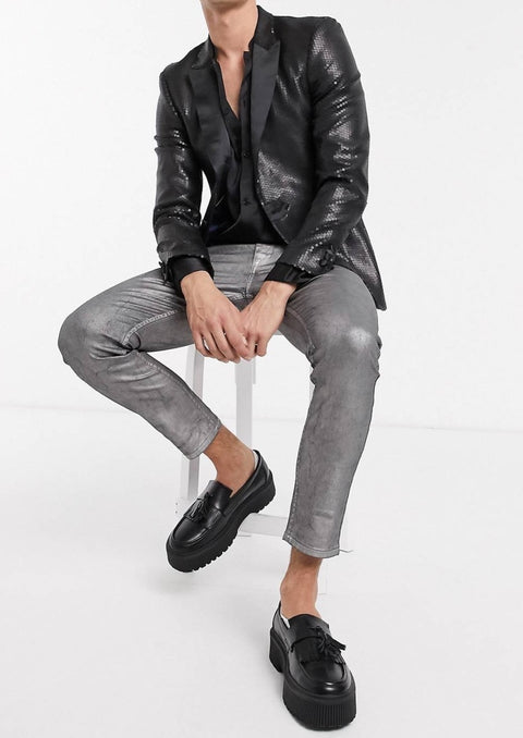 Black Sequin Tuxedo Blazer with Black Lapel