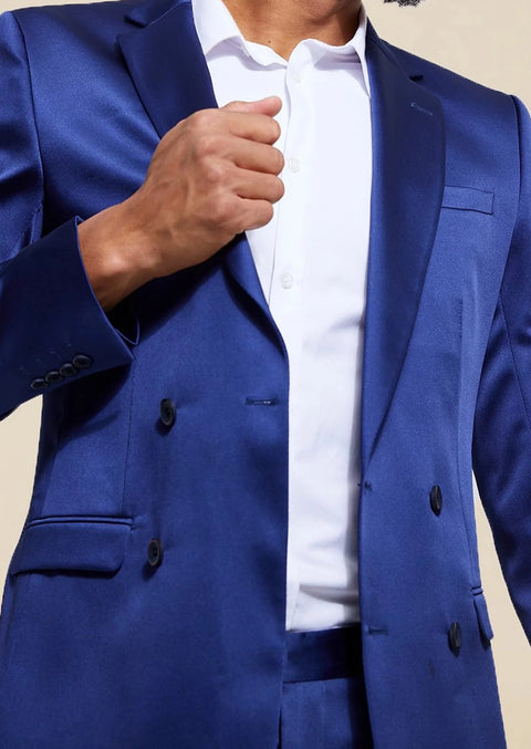 Blue Satin Notch Lapel Single Breasted Suit