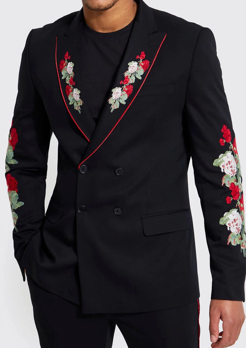 Slim Black Floral Embroidered Double Breasted Suit