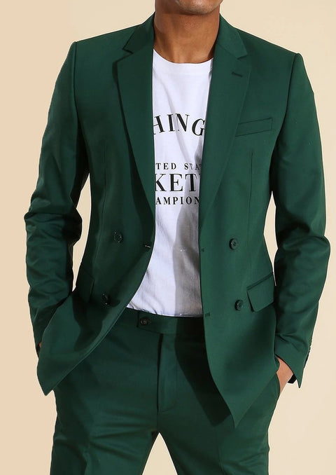 Green Double Breasted Slim Fit Blazer Suit