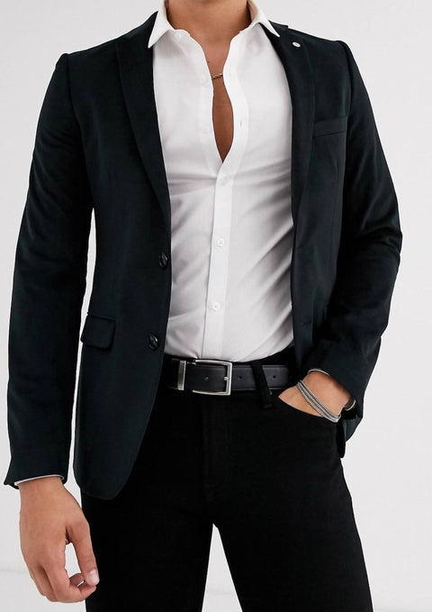 Black Suede Velvet Skinny Suit Jacket Blazer