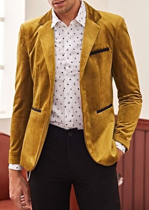 Notched Collar Velvet Blazer in Gold