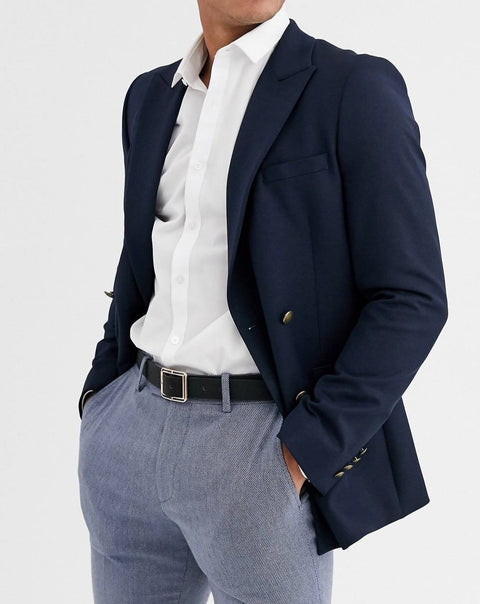 Navy skinny double breasted blazer with gold button in navy