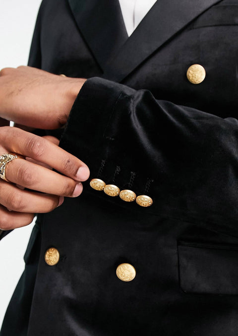 Black Velvet Double Breasted Blazer with Gold Buttons Tumuh