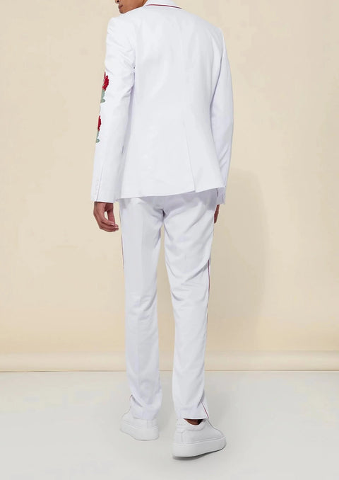 White Floral Embroidery Double Breasted Suit
