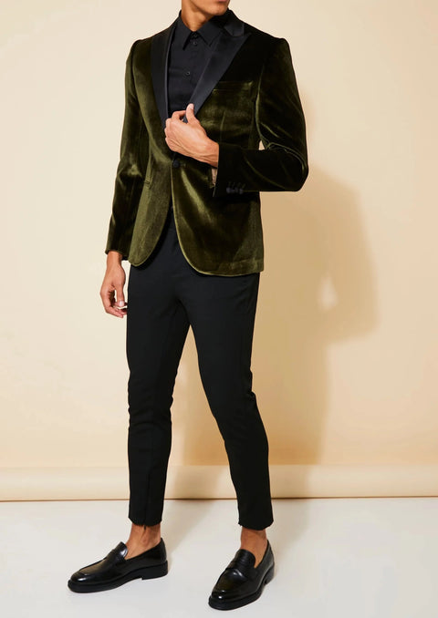 Peak Lapel Slim Fit Olive Green Velvet Tuxedo Blazer