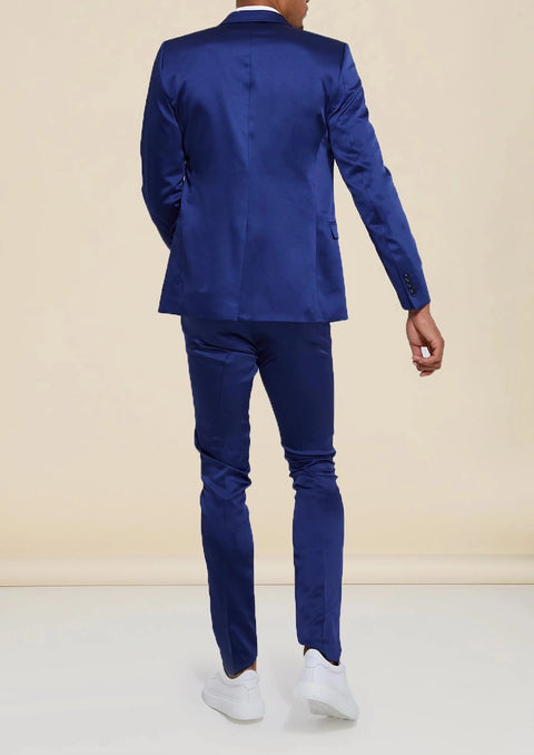 Blue Satin Notch Lapel Single Breasted Suit
