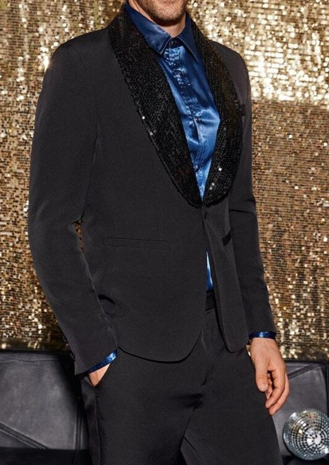 Sequin Shawl Collar Suit in Black