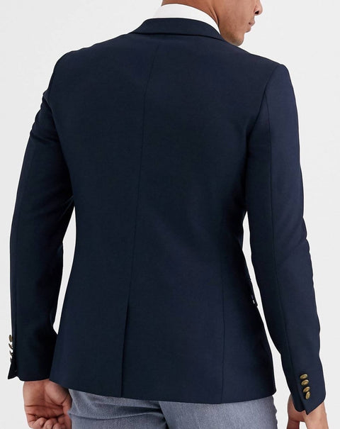 Navy skinny double breasted blazer with gold button in navy