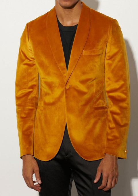 Slim Fit Velour Blazer in Mustard
