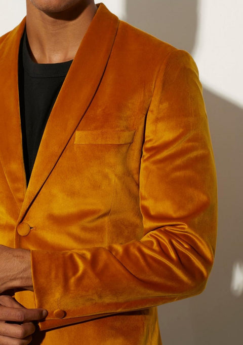Slim Fit Velour Blazer in Mustard