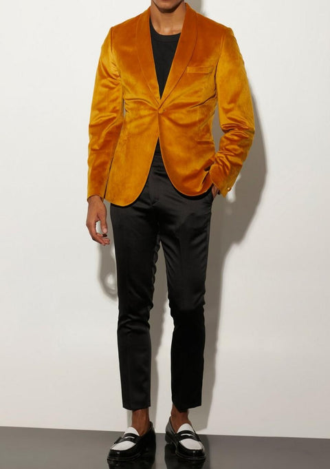 Slim Fit Velour Blazer in Mustard