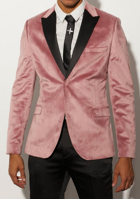 Pink Slim Velvet Satin Lapel Tuxedo Blazer