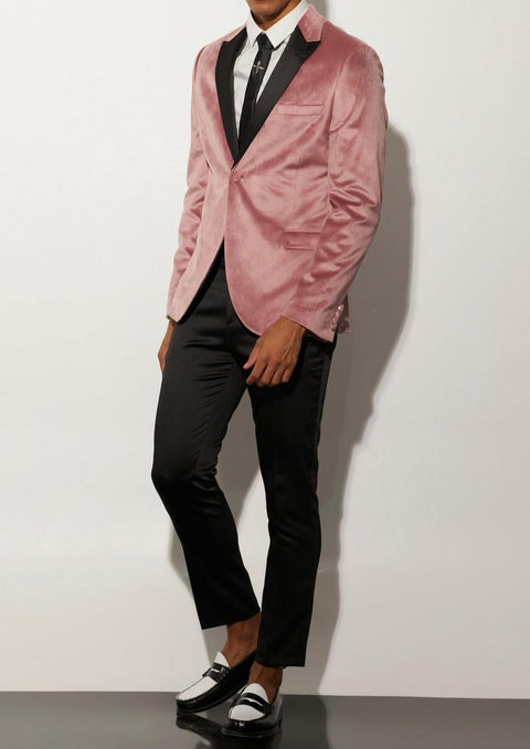 Pink Slim Velvet Satin Lapel Tuxedo Blazer