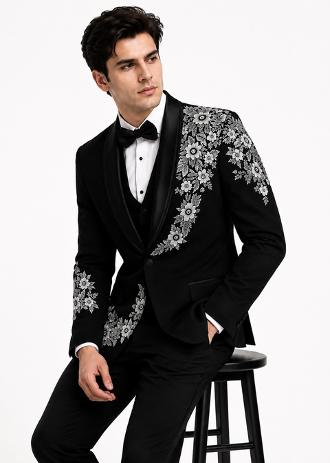 Black Tuxedo With White Floral Embroidery
