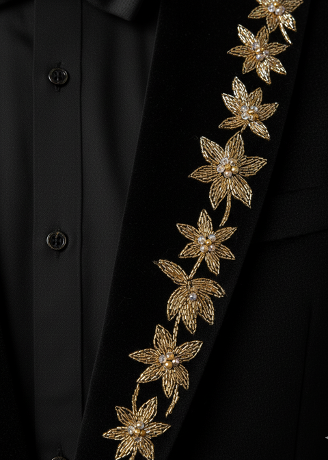 Slim Fit Black Velvet Blazer Suit with Zardozi Floral Embroidery