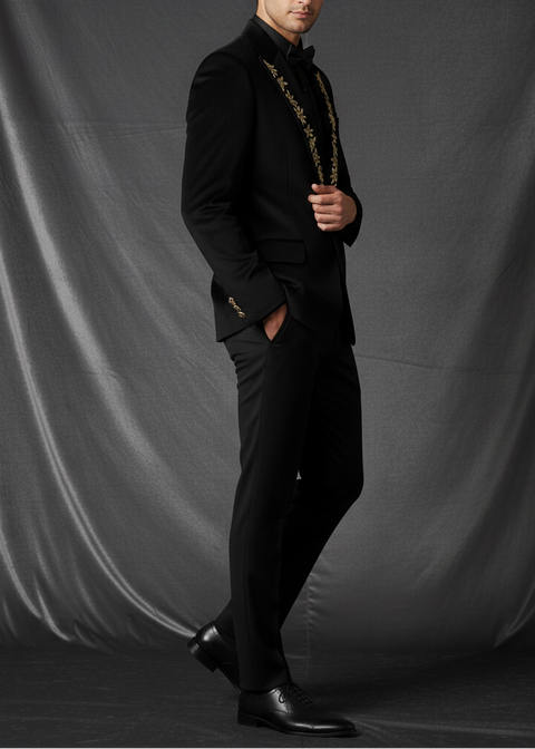 Slim Fit Black Velvet Blazer Suit with Zardozi Floral Embroidery