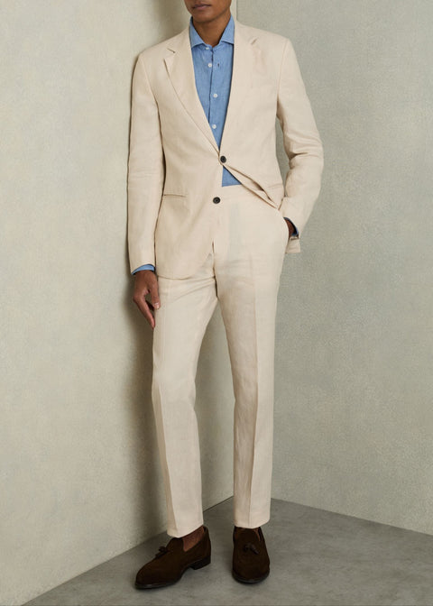 Slim Fit Single Breasted Linen Blazer in Stone