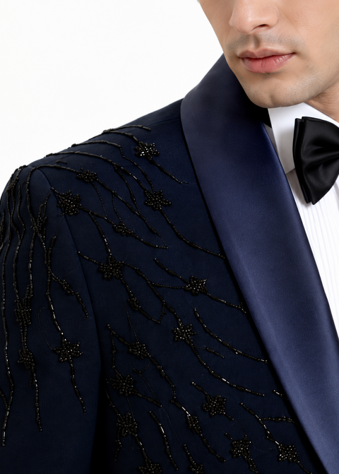 Navy Blue Cutdana Embellished Tuxedo