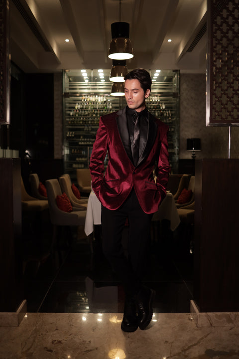 Wedding Burgundy Velvet Tuxedo Blazer