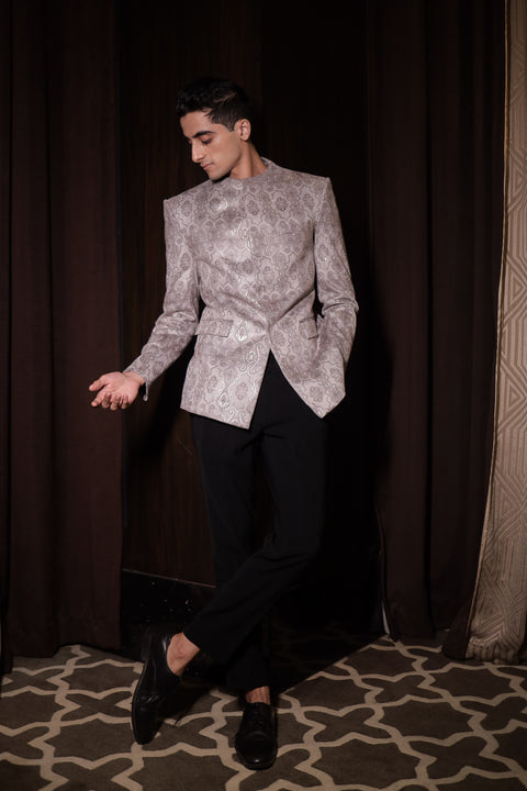 Grey Floral Bandhgala Suit