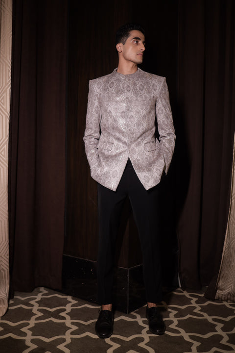 Grey Floral Bandhgala Suit