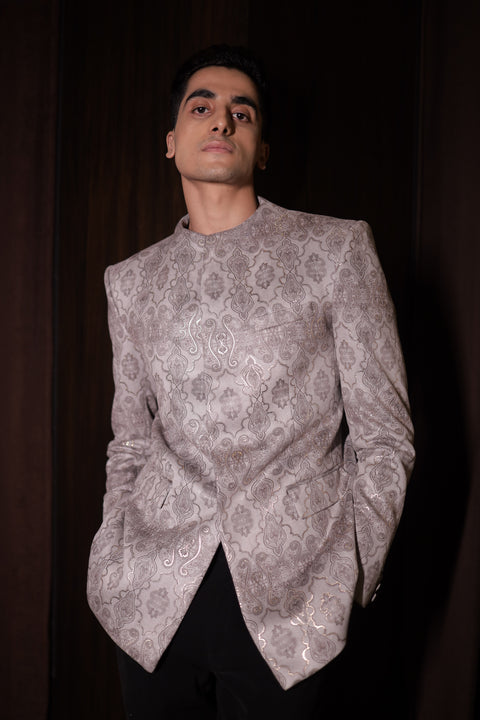 Grey Floral Bandhgala Suit