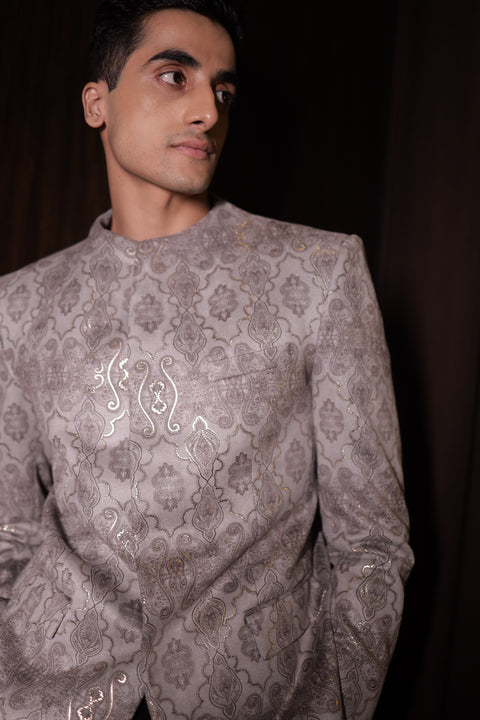 Grey Floral Bandhgala Suit