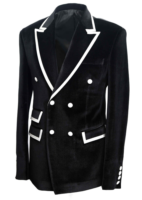 Black Velvet Double Breasted Tuxedo Dinner Jacket with White Contrast