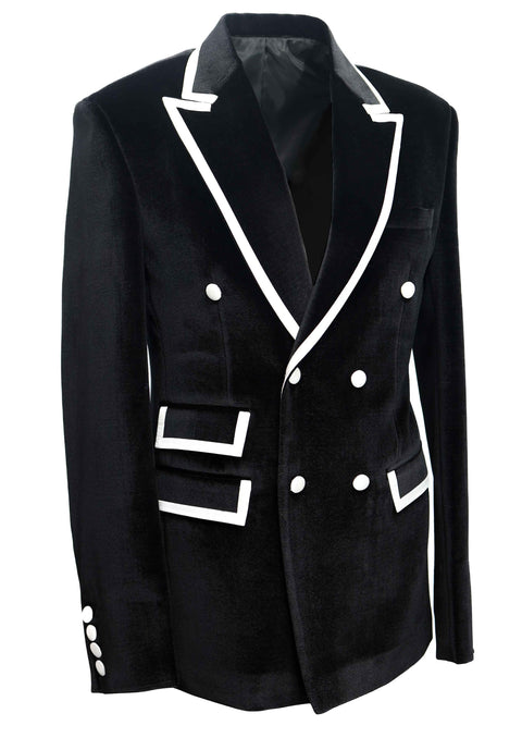 Black Velvet Double Breasted Tuxedo Dinner Jacket with White Contrast