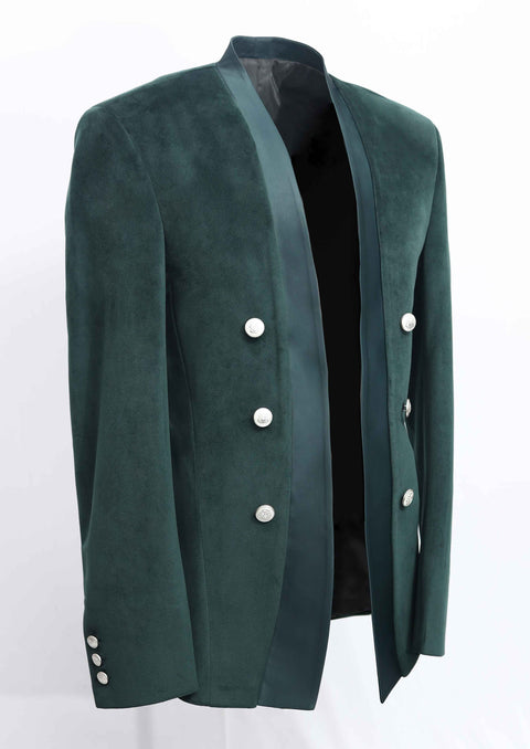 Velvet Green Double Breasted Unbuttoned Tuxedo Blazer