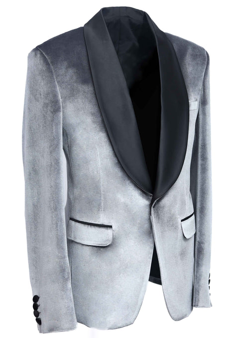 Grey Velvet Shawl Collar Tuxedo Blazer
