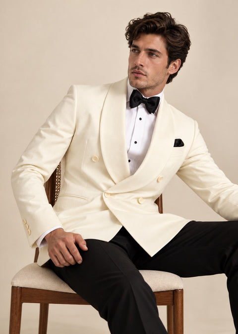 Slim Fit Cream Double Breasted Dinner Jacket